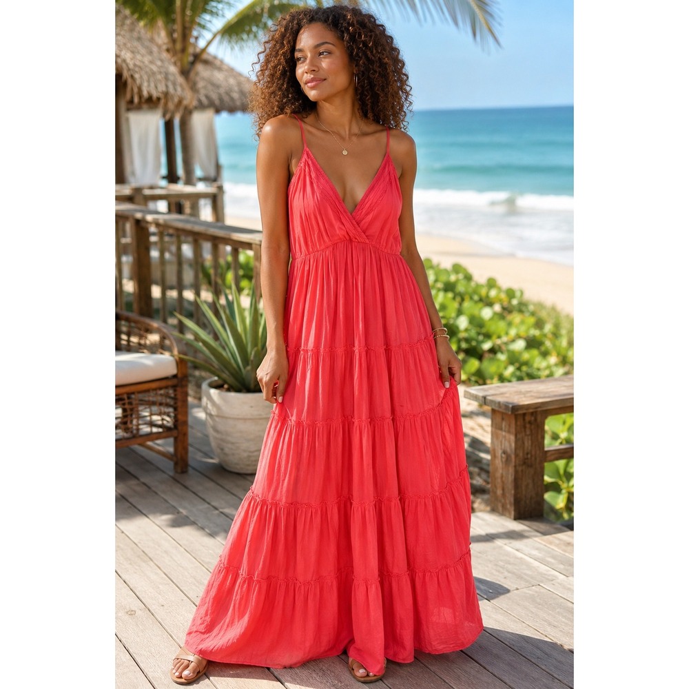 OVS Coral Red Cotton Tiered Maxi Dress Boho Sundress Vacation Smocked Back L/XL‎